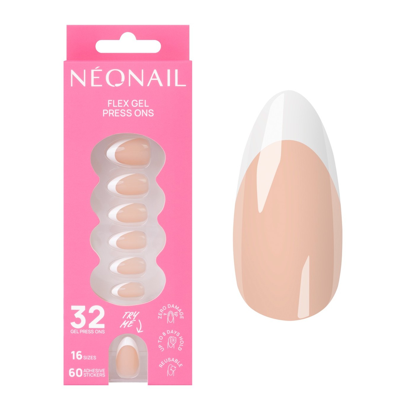 Flex Gel Press Ons 32 pz – Perfect French Medium Almond | NEONAIL Flex Gel Press Ons 32 pz – Perfect French Medium Almond | NEONAIL