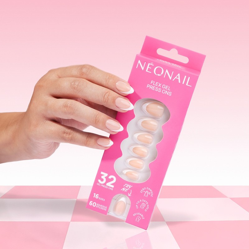 Flex Gel Press Ons 32 pz – Perfect French Medium Almond | NEONAIL Flex Gel Press Ons 32 pz – Perfect French Medium Almond | NEONAIL